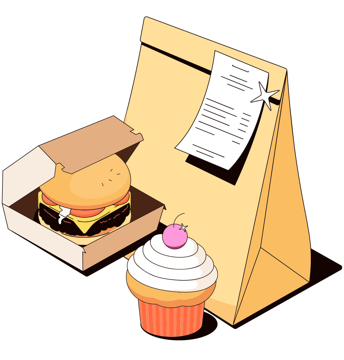Illustration d'un burger et d'un cupcake dans un sac pour le service de livraison en click and delivery d'Obypay
