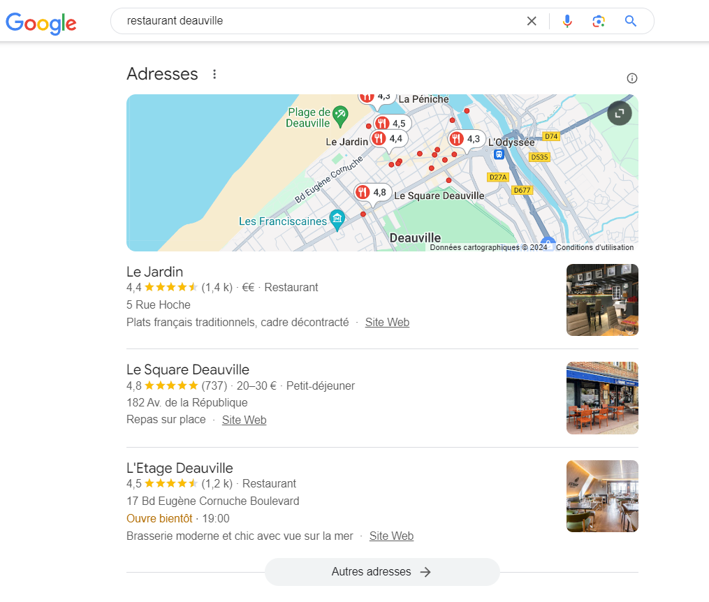 Ricerca su Google my business di 3 ristoranti vicini a Deauville