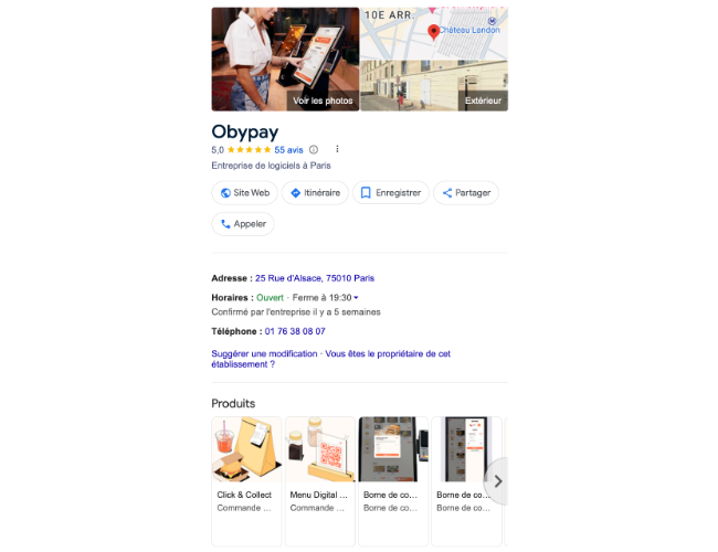 Esempio di una pagina google my business per Obypay che mostra informazioni importanti e una persona che effettua un ordine tramite un terminale.