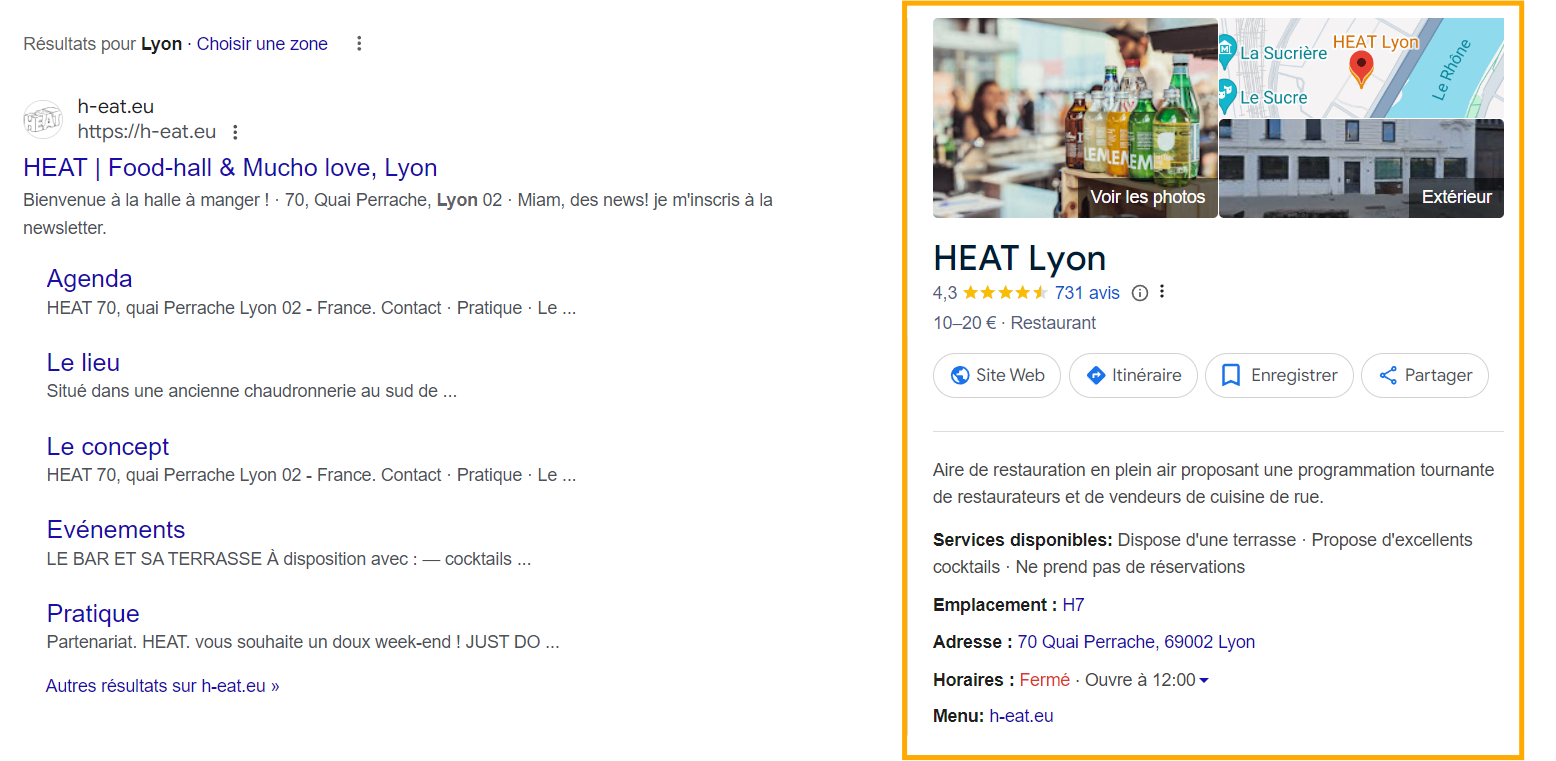 Fiche présentation d’une page google d’un restaurant via Google maps