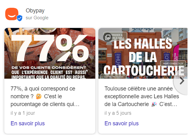 Exemple de posts d’actualité d’Obypay publié sur la page Google my business de la société